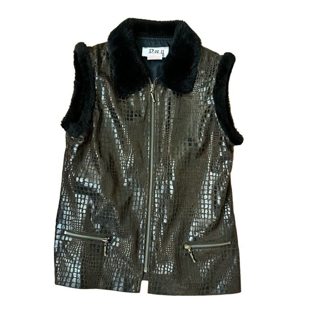 Joseph Ribkoff Trends Brown Reptile Print Vest Faux Fur Collar Zip Front